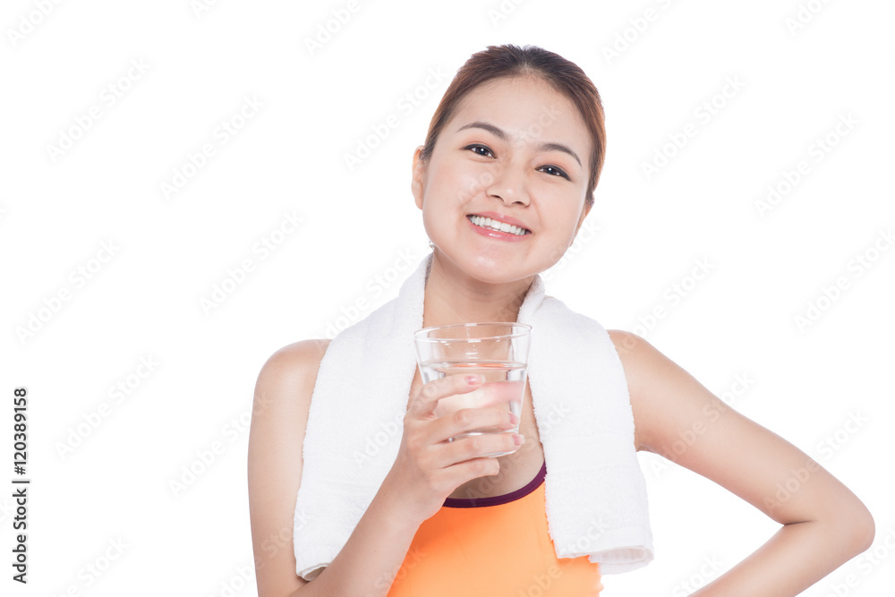 Portrait of fitness young asian woman with towel drinking water Portrait of fitness young asian woman with towel drinking water