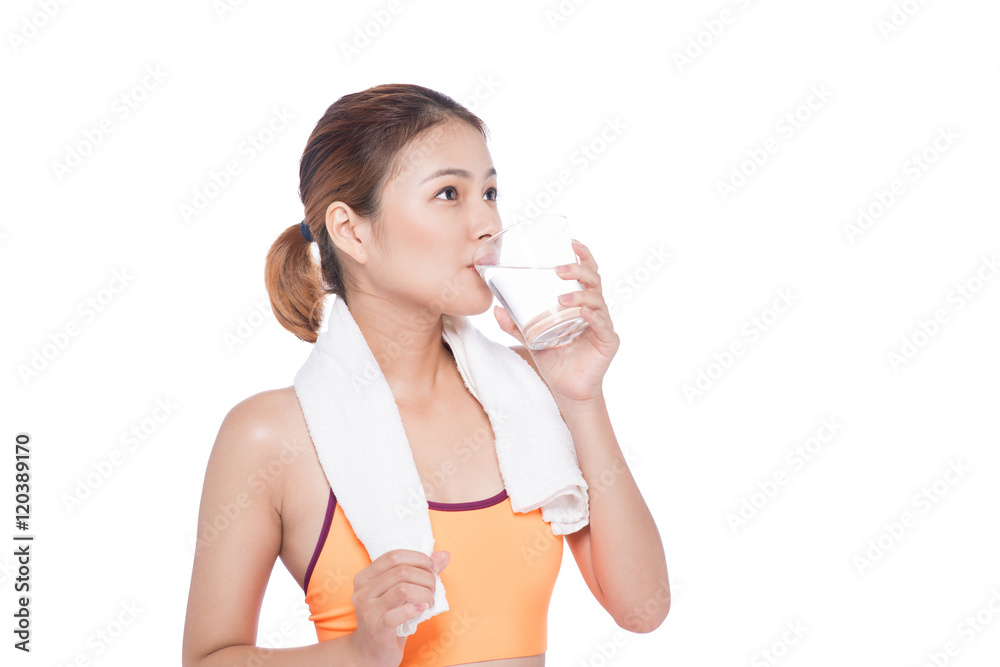 Portrait of fitness young asian woman with towel drinking water Portrait of fitness young asian woman with towel drinking water