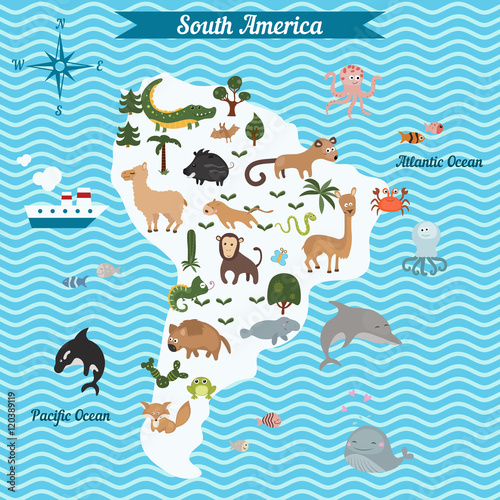 Cartoon map of South America continent with different animals.