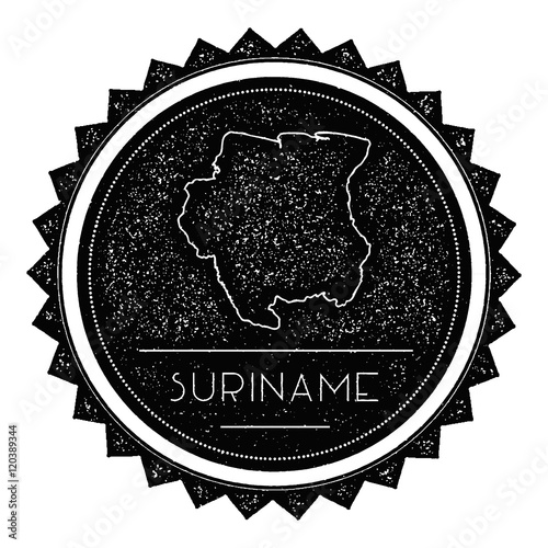 Suriname Map Label with Retro Vintage Styled Design. Hipster Grungy Suriname Map Insignia Vector Illustration. Country round sticker.