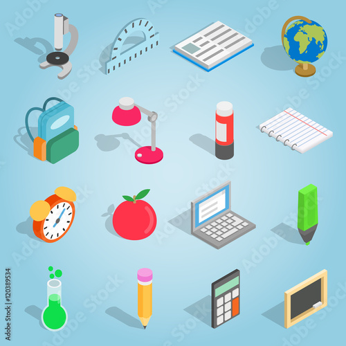 Isometric school icons set. Universal school icons to use for web and mobile UI, set of basic school elements vector illustration