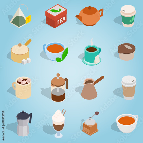 Isometric coffee and tea icons set. Universal coffee and tea icons to use for web and mobile UI, set of basic coffee and tea elements vector illustration
