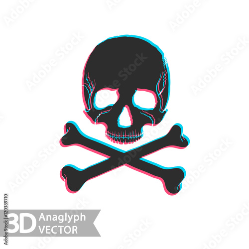 Flat icon skull and bones with stereoscopic anaglyph effect.