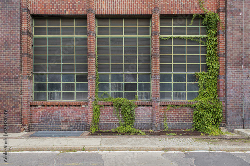 red brick old factory windows and ivy