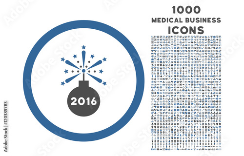 2016 Fireworks Detonator rounded vector bicolor icon with 1000 medical business icons. Set style is flat pictograms, cobalt and gray colors, white background.