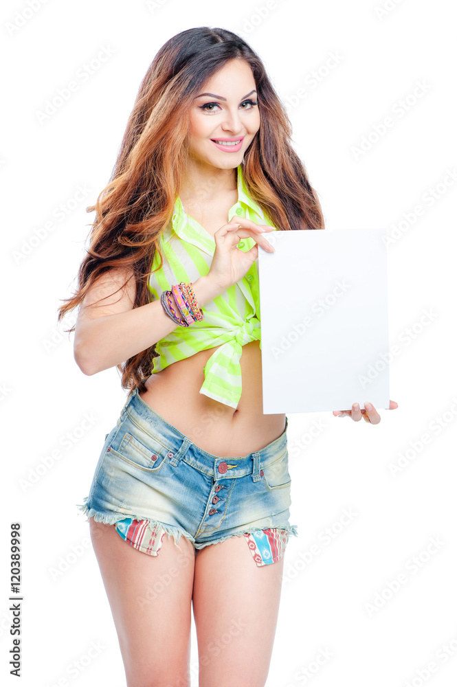 Your text here. Attractive young woman with beautiful long hair holding blank card. Isolated on white background smiling female portrait. Your text here. Attractive young woman with beautiful long hair holding blank card. Isolated on white background smiling female portrait.