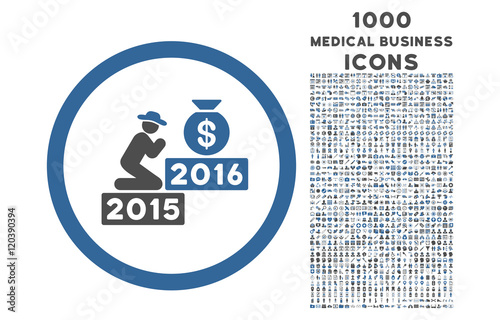 Pray for Money 2016 rounded vector bicolor icon with 1000 medical business icons. Set style is flat pictograms, cobalt and gray colors, white background.