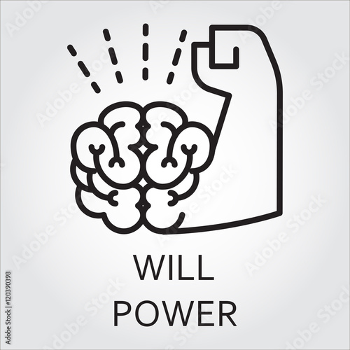 Black flat line vector icon with a picture of willpower as brain and muscle hand on white background.