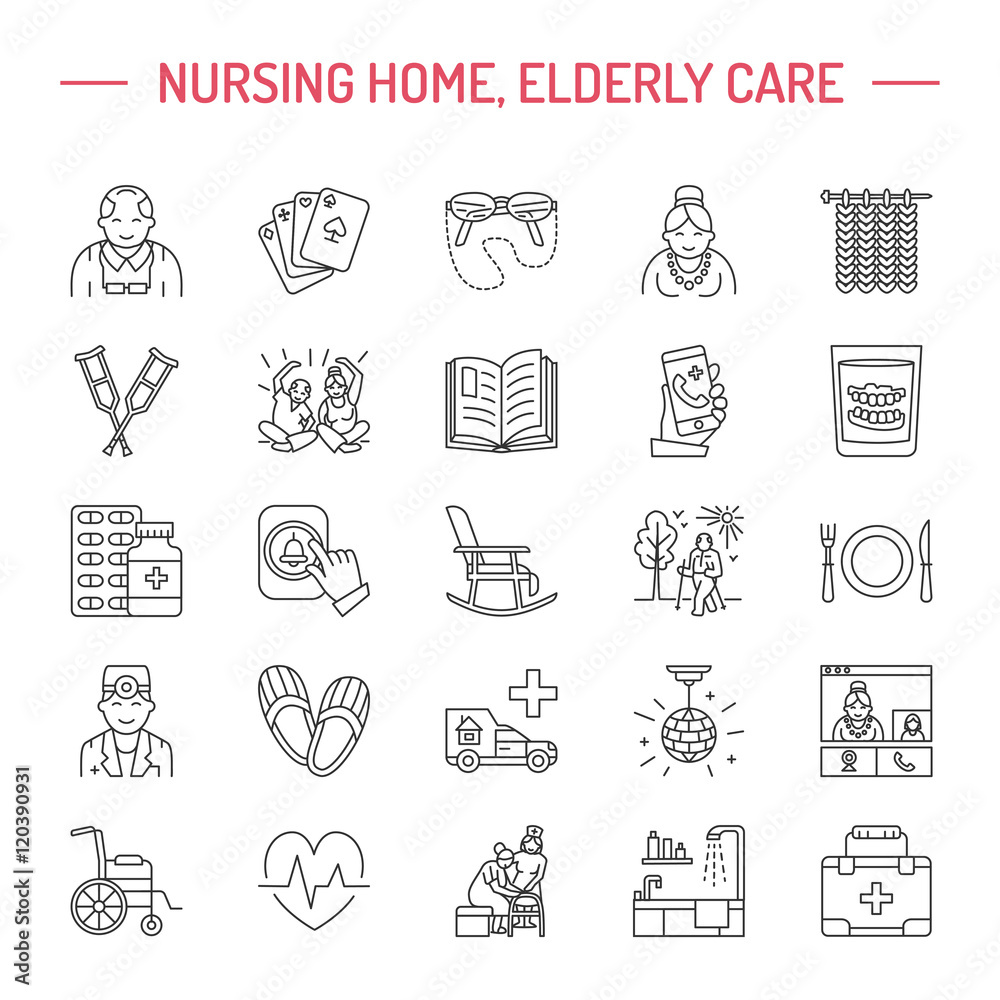Modern vector line icon of senior and elderly care. Nursing home elements - old people, wheelchair, leisure, hospital call button, leisure. Linear pictograms with editable stroke for sites, brochures. - obrazy, fototapety, plakaty 