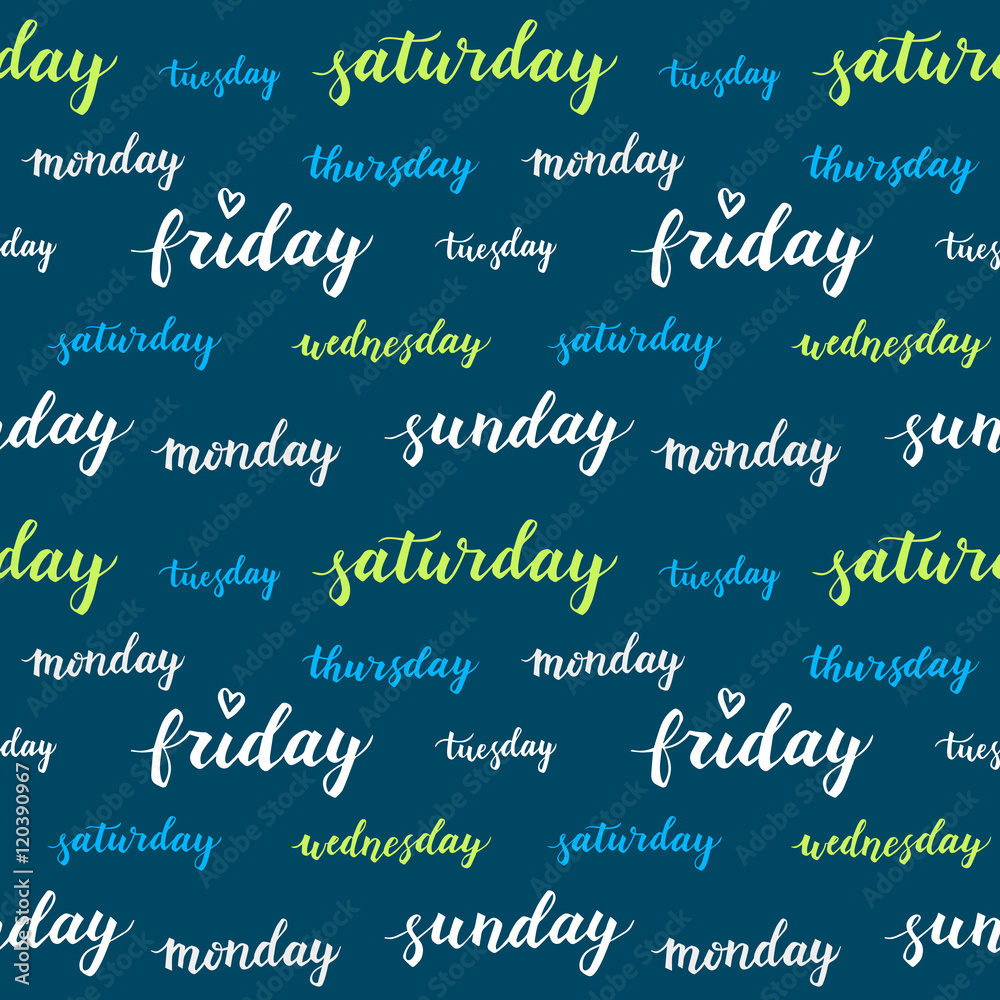 Seamless pattern with days of week. Decorative vector hand drawn lettering. Cute repeated texture with days for packaging, book, textile. Wrapping paper design. Monday, wednesday, friday, sunday, etc. Seamless pattern with days of week. Decorative vector hand drawn lettering. Cute repeated texture with days for packaging, book, textile. Wrapping paper design. Monday, wednesday, friday, sunday, etc.