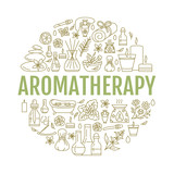 Aromatherapy and essential oils brochure template. Vector line illustration of aromatherapy diffuser, oil burner, spa candles, incense sticks, herbal bag massage. Aromatherapy poster