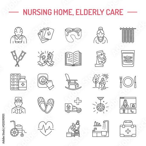 Modern vector line icon of senior and elderly care. Nursing home elements - old people, wheelchair, leisure, hospital call button, leisure. Linear pictograms with editable stroke for sites, brochures.