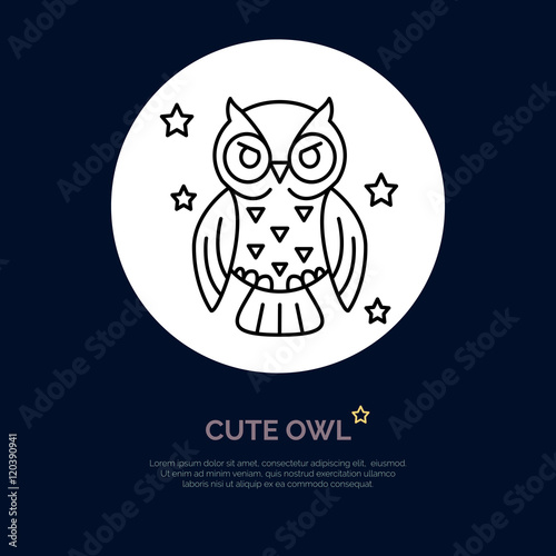 Cute owl illustration. Modern vector line icon of night bird. Funny owl linear logo. Outline symbol for sleep problem, chronotype. Design element for site, brochures, books. Owl coloring.