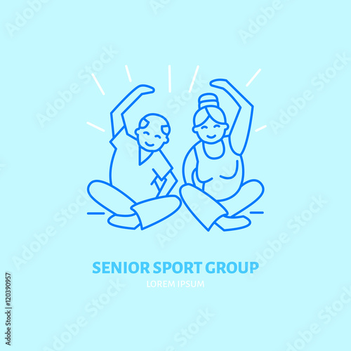 Modern vector line icon of gymnastics. Senior sport group linear logo. Outline symbol for elderly leisure. Old men fitness design element for sites, clubs. Health care logotype, sport sign.