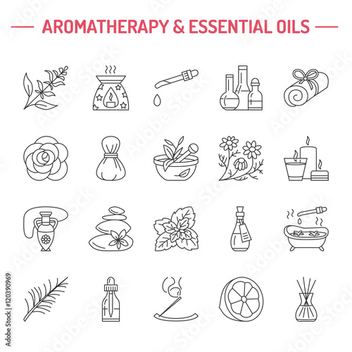 Modern vector line icons of aromatherapy and essential oils. Elements - aromatherapy diffuser, oil burner, spa candles, incense sticks. Linear pictogram  for aromatherapy salon.