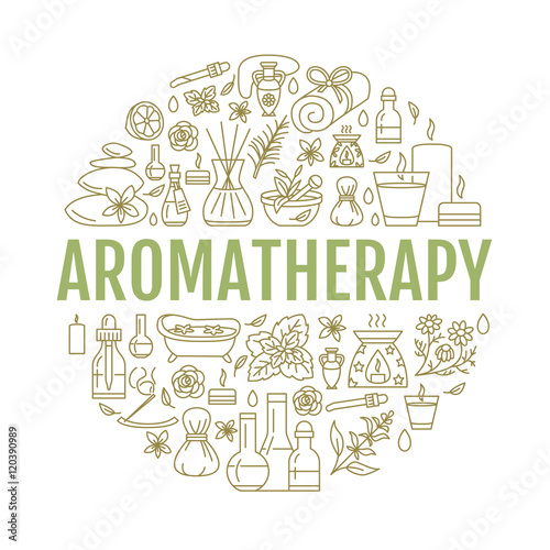 Aromatherapy and essential oils brochure template. Vector line illustration of aromatherapy diffuser, oil burner, spa candles, incense sticks, herbal bag massage. Aromatherapy poster photo