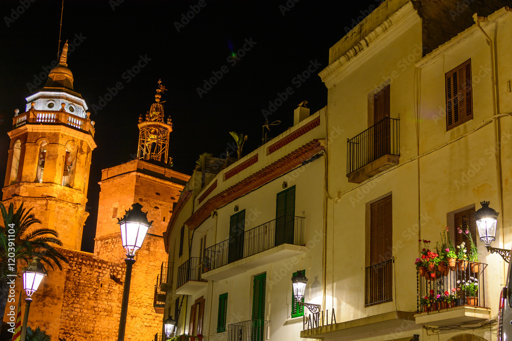 Sitges, Spain - June 10: Illuminated architectural buildings on