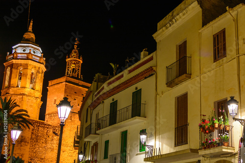 Sitges, Spain - June 10: Illuminated architectural buildings on