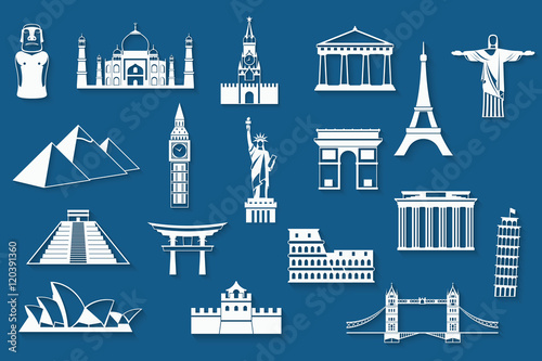 World landmarks, abstract flat paper icons set