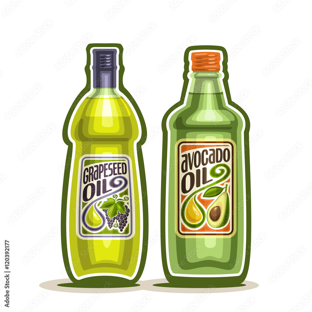 Vector logo 2 green glass Bottle with pure Avocado Oil, bottles virgin cooking Grapeseed oil, container natural organic grape seed and avocado oily liquid with cap and label, closeup isolated on white Vector logo 2 green glass Bottle with pure Avocado Oil, bottles virgin cooking Grapeseed oil, container natural organic grape seed and avocado oily liquid with cap and label, closeup isolated on white