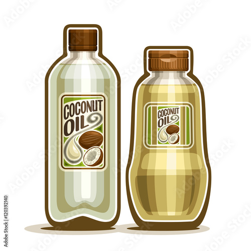 Vector logo 2 yellow plastic and glass Bottle with pure Coconut Oil and label, bottles virgin cooking coconut oil, jar container natural organic coco nut fat liquid with cap, closeup isolated on white