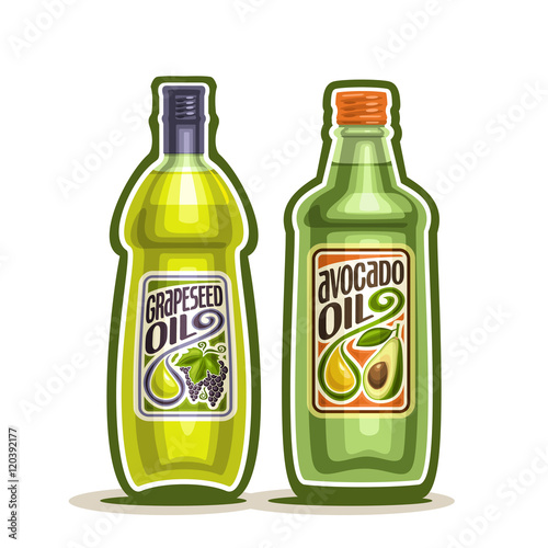 Vector logo 2 green glass Bottle with pure Avocado Oil, bottles virgin cooking Grapeseed oil, container natural organic grape seed and avocado oily liquid with cap and label, closeup isolated on white