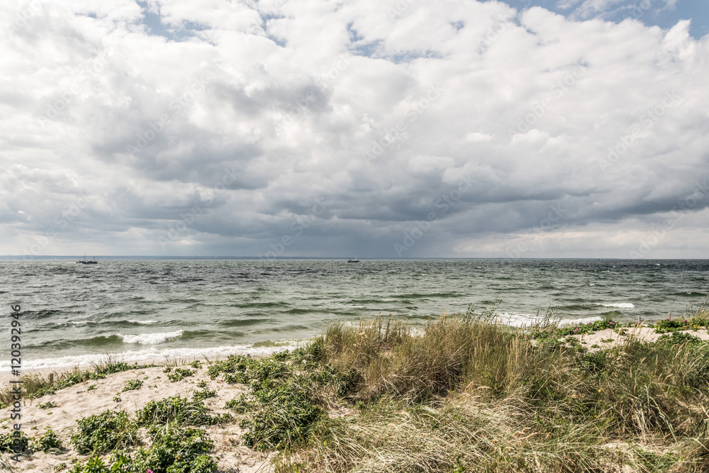 Dramatic clouds over the sea. View from the beach covered with grass