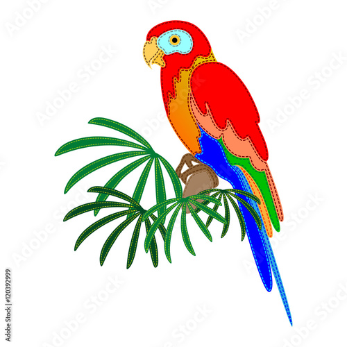 Colorful parrot sitting on a palm tree on a white background