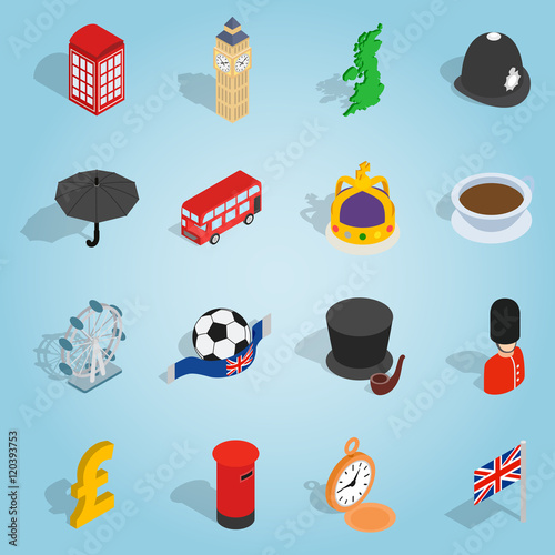 Isometric britain icons set. Universal britain icons to use for web and mobile UI, set of basic britain elements vector illustration