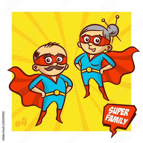Super Family. Grandfather and Grandmother Superheroes. Vector Illustartion