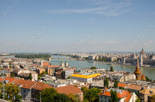 View of the Hungarian Parliament and Calvinist church ,Budapest, Hungary