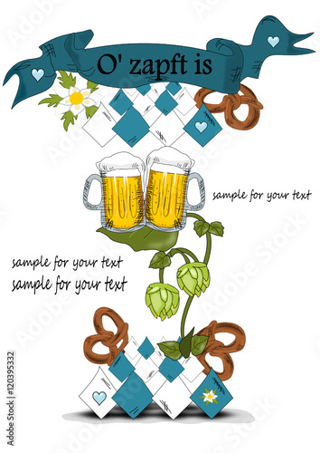 Oktoberfest, Karte mit Bier und Brezeln