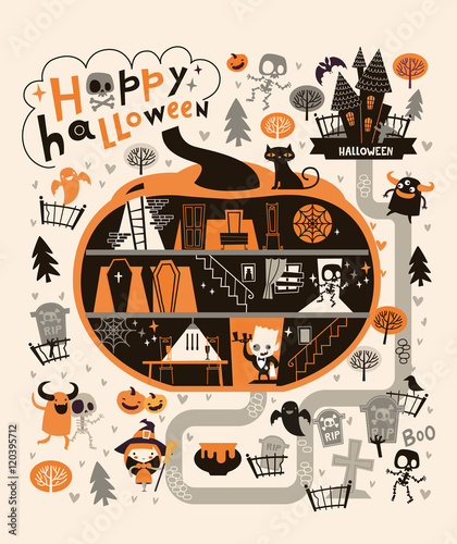 Halloween Party Design template, with the Dracula house within a pumpkin. Fairy map location with the graveyard, cartoon cute zombies, ghosts, skeletons and trees on a background. Vector