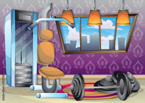 cartoon vector illustration interior fitness room with separated layers in 2d graphic