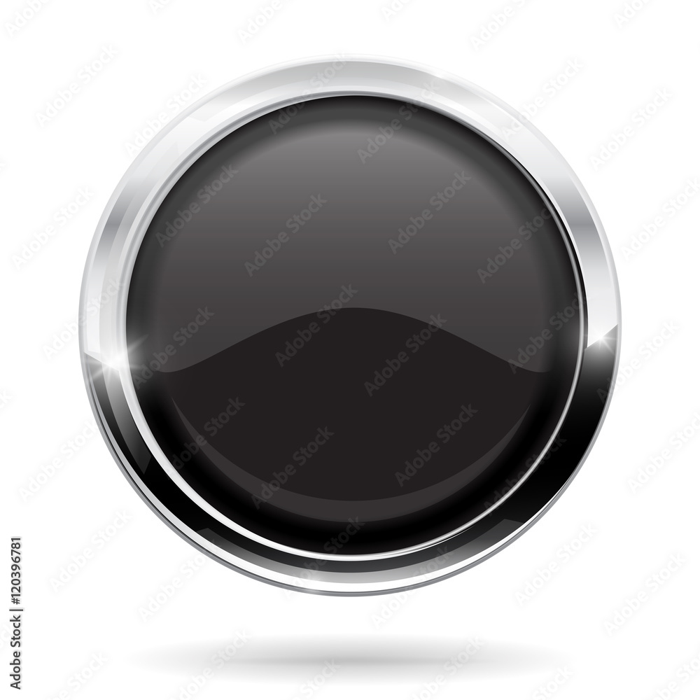Web button. Round black icon with chrome frame. Vector illustration isolated on white background Web button. Round black icon with chrome frame. Vector illustration isolated on white background
