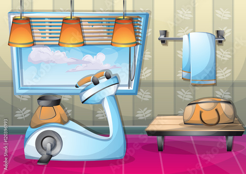 cartoon vector illustration interior fitness room with separated layers in 2d graphic