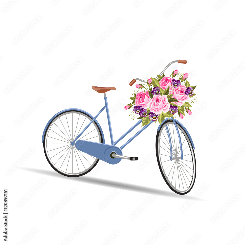 Blue bicycle with a basket full of flowers