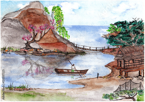 watercolor drawing landscape with sea , the beach and the green trees, hand drawn illustration