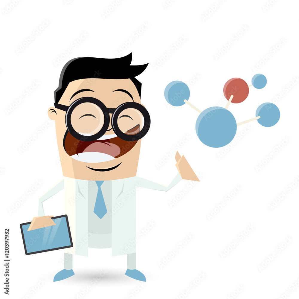 funny cartoon scientist with molecule and tablet
