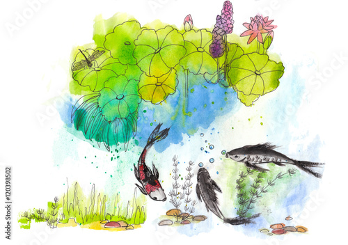 Watercolor illustration. Lake with flowers and fishes