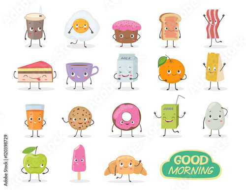 Breakfast. Emoticon food funny elements vector character