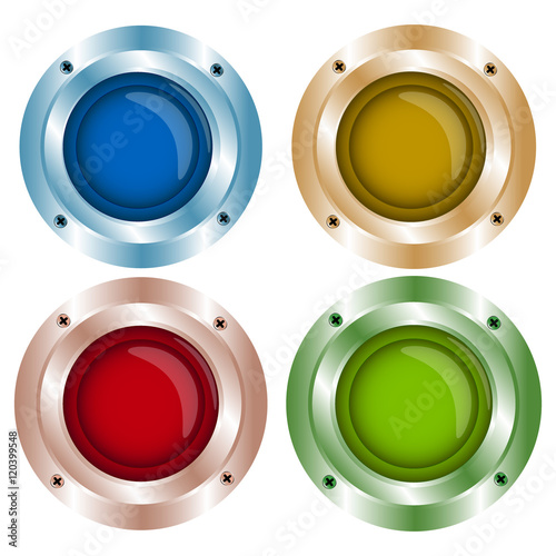 vector shiny color buttons with metal elements, red, green, blue