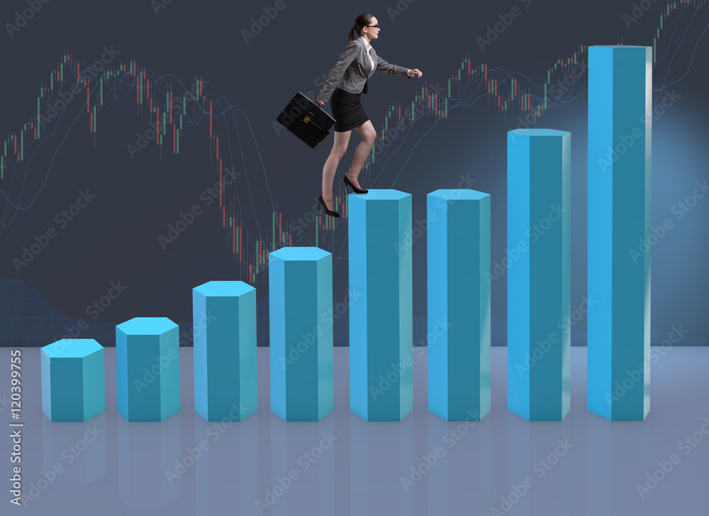 Businesswoman climbing career ladder as trader broker Businesswoman climbing career ladder as trader broker