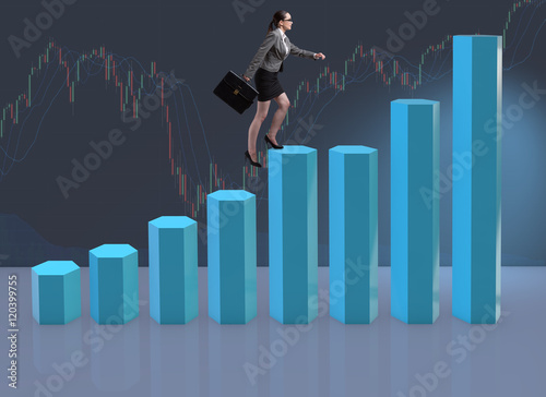 Businesswoman climbing career ladder as trader broker