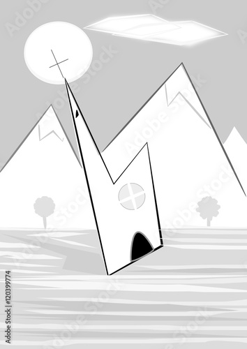 Iglesia en el campo entre cumbres nevadas de día.