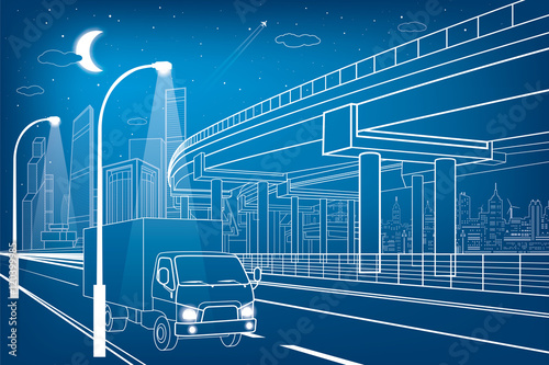Automotive flyover, truck travels, architectural, infrastructure and transportation illustration, transport overpass, highway, white lines urban scene, night city on background, vector design art