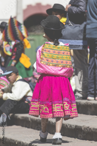 Native people from peruvian city dressed in colorful clothing. Peru, South America.