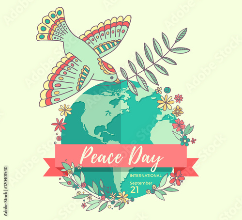International Peace Day. 21 september. Peace dove with olive branch over the planet overgrown flowers. Hand drawn. Vector Illustration.