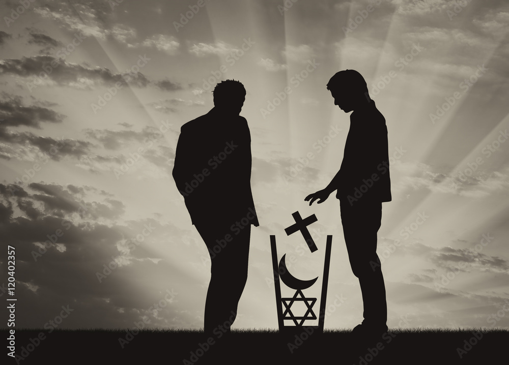Fototapeta premium Man atheist throws all religions in the trash