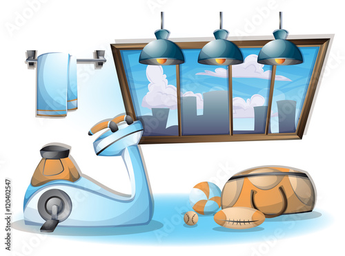 cartoon vector illustration interior fitness room with separated layers in 2d graphic